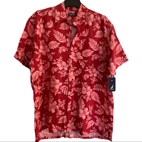Tropical Linen Hawaiian Shirt Island Hibiscus Luau Print Pattern Nautica Large - Picture 10 of 16